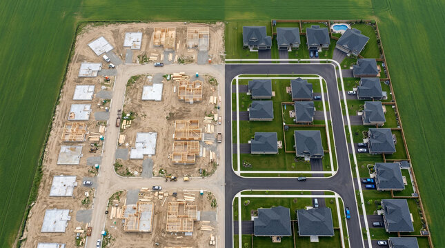 Aerial Drone View of Residential Housing Development Under Construction and Completed