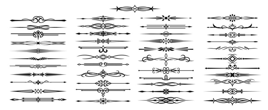 Vintage divider lines, elegant decor frame and separate borders, vector page decoration elements. Black dividers set with filigree ornaments of ornate victorian flourishes, scrolls and floral patterns