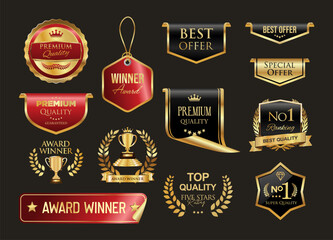 Fototapeta premium Award. Gold award badges with laurel wreaths, crowns and trophies symbols. Golden award winner emblems flat design 