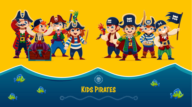 Cartoon Caribbean kid pirates, funny boy and girl corsairs. Smiling children dressed as sea rovers standing together on beach with swords, flag, parrot and treasure chest, ready for nautical adventure
