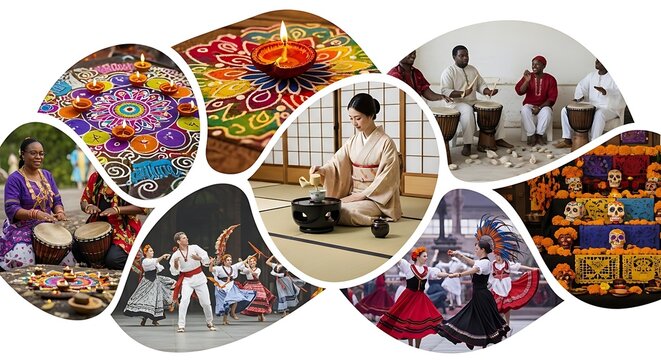 Global cultural traditions collage featuring traditional dance performances festive rituals religious ceremonies and artisanal crafts from diverse world communities