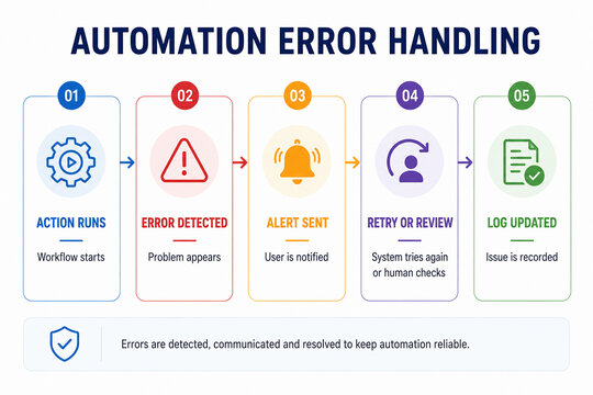 This infographic illustrates a workflow for automation error handling, detailing the steps of action runs, error detection, alert sending, retry/review processes, and log updates to maintain automatio