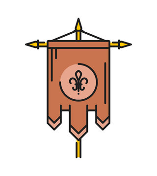 Heraldry brown flag on flagpole color line icon or pictogram. Vintage medieval lineart sign, ancient crest pictogram. Antique heraldry icon with royal lilly