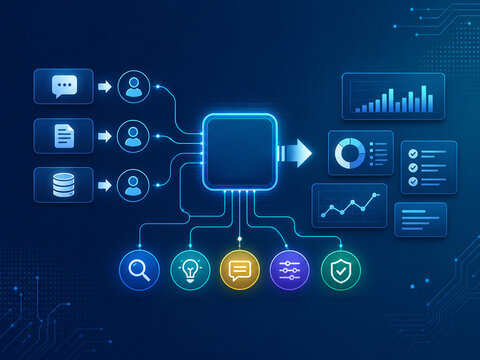 Advanced Digital Infographic Dashboard with Data Flow Inputs AI Processor Charts and Security Icons Tech UI