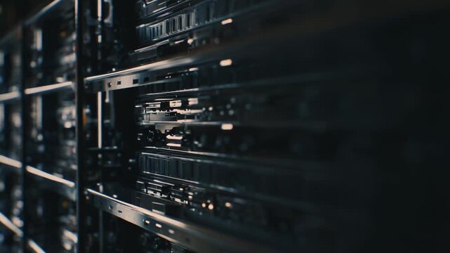 Server racks creating a structured wall of advanced computing hardware, actively processing and storing digital information within a secure, high tech data storage center