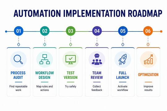This image displays a roadmap for automation implementation, outlining steps from process audit to full workflow optimization. It&rsquo;s set against a blue and orange background with icons representing eac