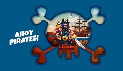 Naklejka premium Paper cut pirate banner, captain with parrot and cutlass standing on wooden deck beside barrels and a moored galleon within skull and crossbones shaped 3d frame and Ahoy Pirates swashbuckling motto
