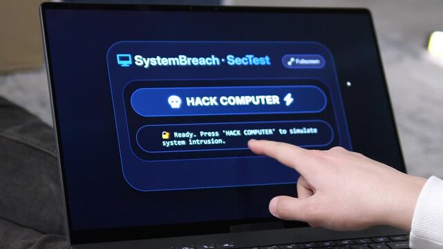 Cyber security specialist initiates a system breach simulation. High-quality visual of Hack Computer interaction. Ideal for data protection, ethical hacking, and tech security awareness campaigns