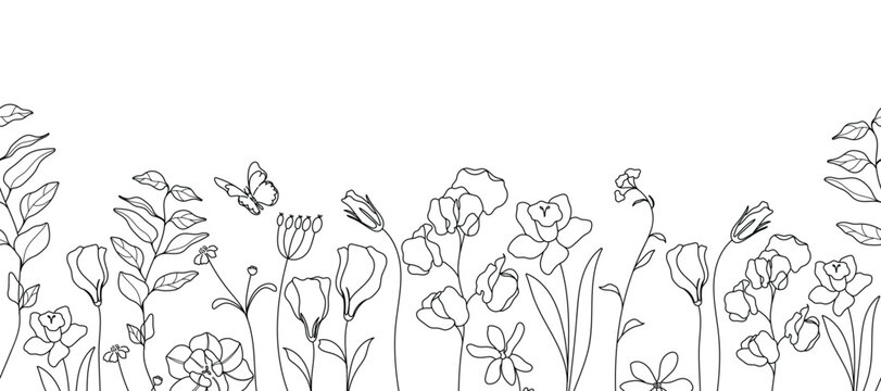 Spring and summer flower pattern seamless background vector. Hand drawn botanical floral line art, daisy, wildflower, eucalyptus leaves. Design for wallpaper, banner, print, website.
