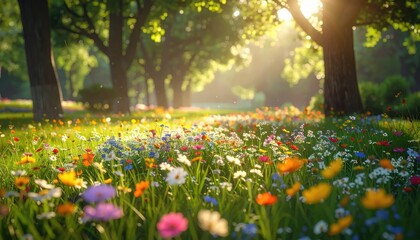 Fototapeta premium Vibrant field of wildflowers bathed in sunlight with trees creating a natural landscape