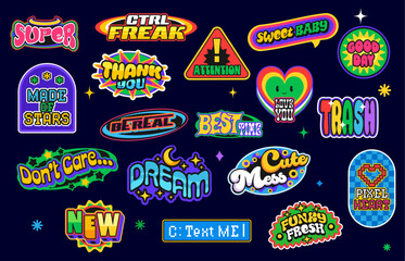 Naklejka premium Retro Y2K stickers and patch labels set with rainbow heart smile and pixel quotes, cartoon vector. Y2K retro stickers and patch labels with night moon dream, rainbow text letters and Thank You badge