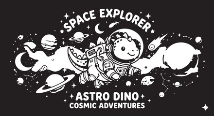 Naklejka premium Astronaut dinosaur floats in deep space surrounded by planets, stars, and a comet in this fun design.