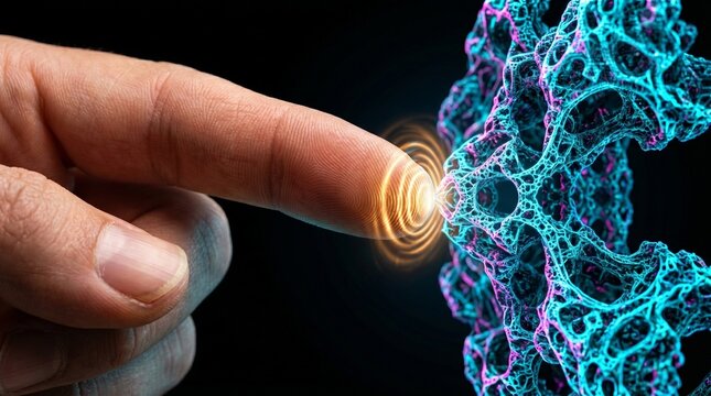 Photorealistic macro photography of a human finger touching a glowing blue digital cellular structure with golden ripples representing biotechnology and human computer interaction