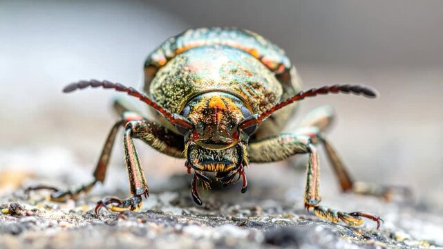 Extreme close-up macro shot of a metallic beetle with intricate details on its body and legs