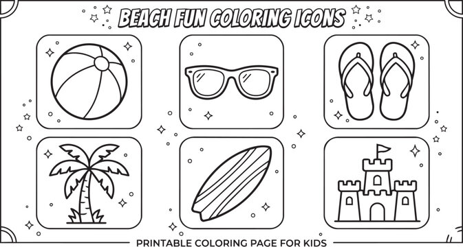 Beach icons arranged in a grid feature a ball, sunglasses, flip flops, palm tree, surfboard, and sandcastle for children to color.