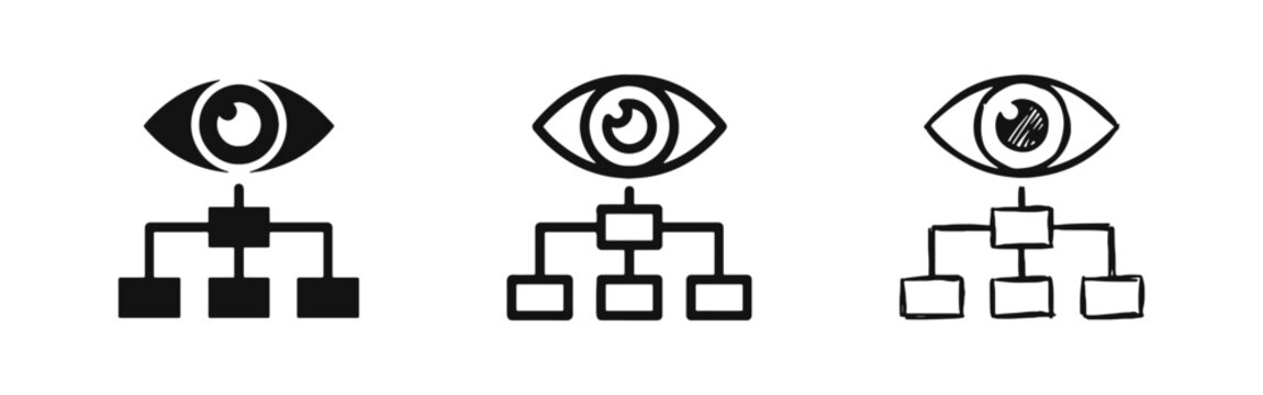 Eye with hierarchy chart icon set for monitoring and business vision