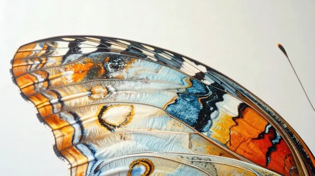 Extreme close-up of a colorful butterfly wing with intricate patterns and textures