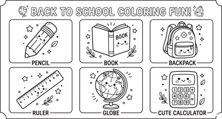 Obraz premium School supplies are presented as cute line art icons designed for a back to school coloring activity.