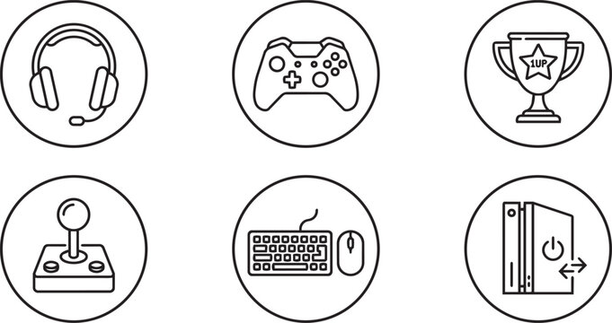 Gaming accessories and hardware are displayed as a collection of linear icons for technology branding.