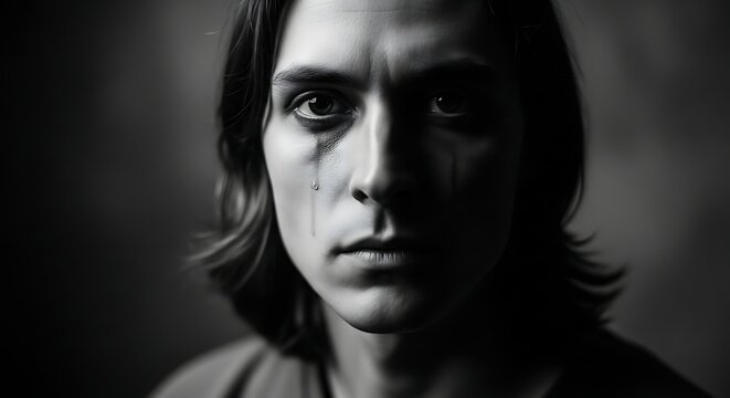 A melancholic young man with long hair cries while staring directly at the camera in a dramatic black and white close up portrait with moody cinematic lighting