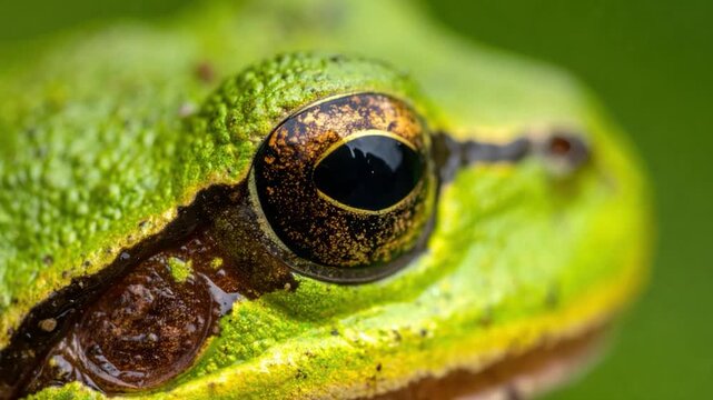 Extreme macro close-up of a bright green tree frog's eye with intricate golden brown patterns and textured skin
