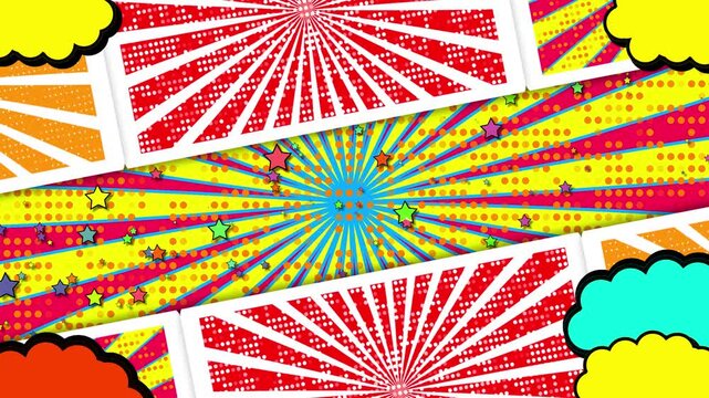 Dynamic Pop Art Comic Book Background Animation With Vibrant Red Yellow And Blue Sunburst Radial Lines Halftone Dots And Animated Stars In Rectangular Panels With Speech Bubble Cloud Frames For High