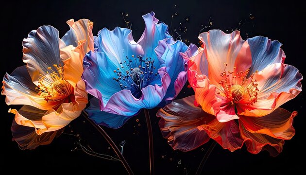 Vibrant floral display featuring colorful poppy blossoms against dark background