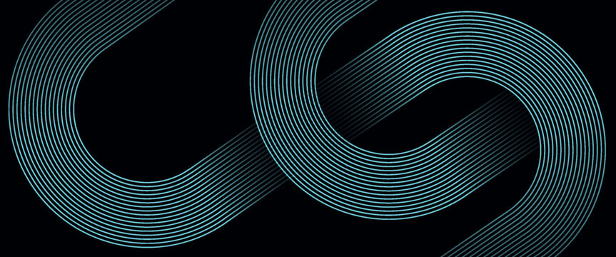 Dark blue abstract background with glowing geometric lines. Modern shiny blue diagonal rounded lines pattern. Futuristic technology concept. Suit for cover, poster, presentation, banner, website