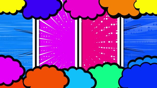 Vibrant Pop Art Comic Book Background With Two Central Empty Panels For Creative Content. Features Multi colored Speech Bubbles, Sunburst Rays, And White Stars. The Left Panel Transitions Through A
