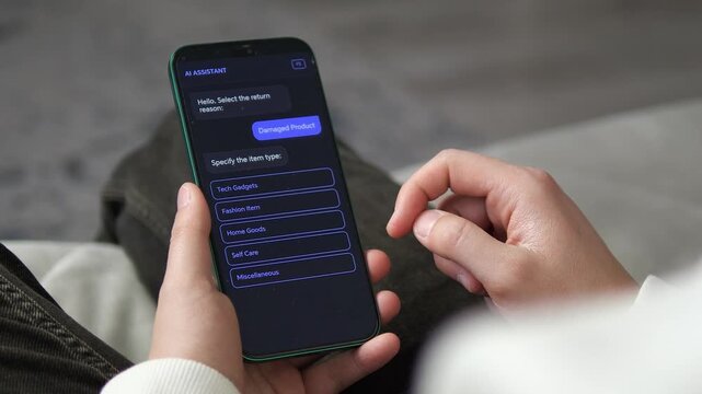 Using an AI assistant to process a product return. The user selects reasons, item types, and refund methods via chat interface. Perfect for e-commerce, customer support automation, and AI chatbot