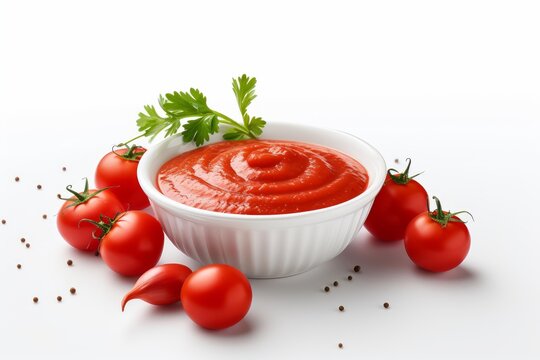 Bowl of vibrant tomato sauce surrounded by ripe tomatoes, fresh parsley, and black peppercorns on white