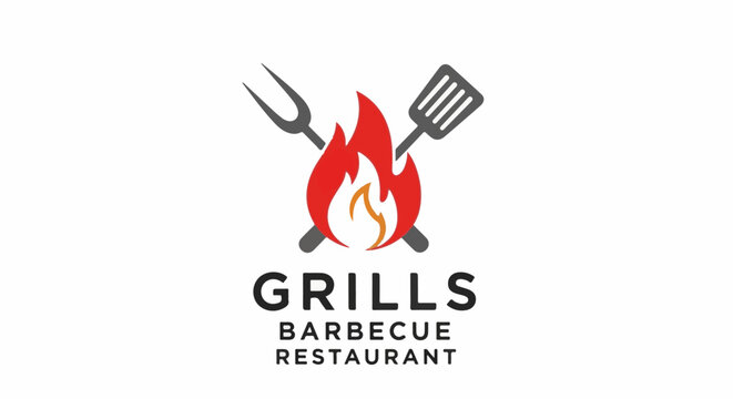 Stylized logo of a barbecue restaurant with grilling tools and flames