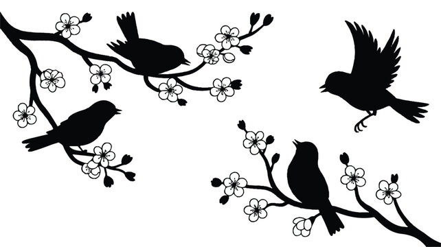 Silhouette of birds on cherry blossom branches flying and perched