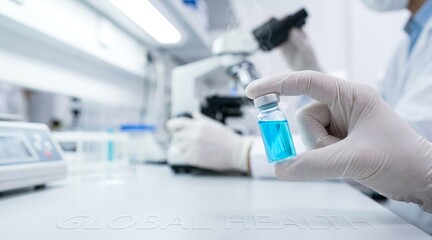Fototapeta premium Scientist hands holding vial with glowing liquid in laboratory, global health concept, copy space