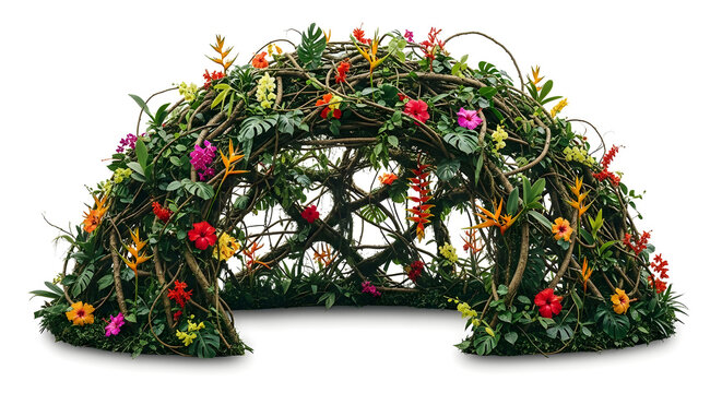 Floral archway with colorful blooms on trellis structure