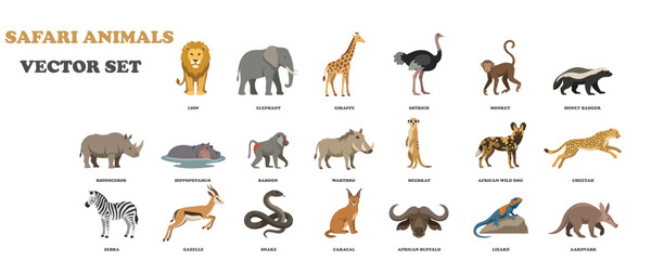 Safari animals vector set featuring lion, elephant, giraffe, zebra, cheetah and other African wildlife in flat cartoon style. Isolated animal collection for kids, education and design use. © LineCraft Studio