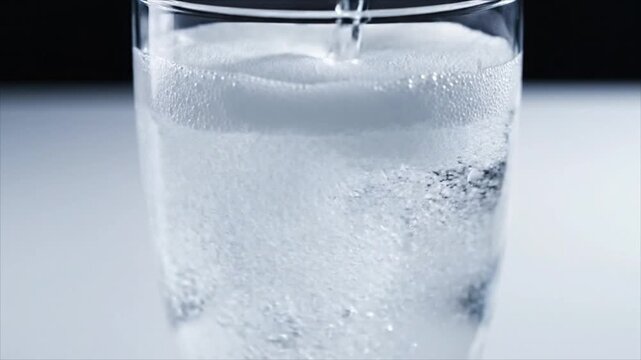 A stream of water flows into a glass filled with fizzy liquid on a table.