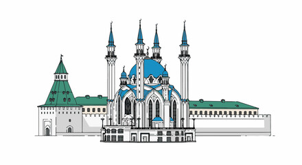 Obraz premium Stylized illustration of a mosque with minarets and a fortified tower