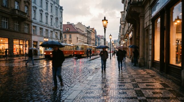 A rainy Parisian street scene with pedestrians carrying umbrellas walking along a wet, reflective sidewalk. Classic Haussmann-style buildings line both sides, warm shop windows glow against the grey.