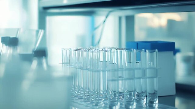 Scientific equipment and various glassware, including multiple test tubes in a rack and bottles, are ready for experiments in a modern medical or chemical laboratory setting