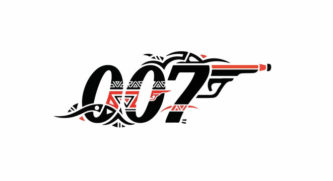 Stylized numbers 007 with a pistol silhouette, tribal accents, and red