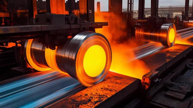 Hot glowing steel sheet passes through heavy rollers on a production line in a steel mill, illustrating hot rolling, intense heat and industrial metalworking in a modern plant