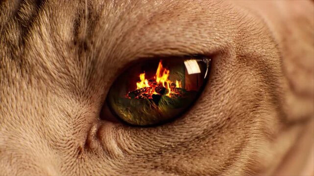 Close-up of a cat's eye with flames burning in the reflection.