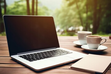Fototapeta premium Laptop, two coffee cups, and a notebook sitting on a wooden table with a blurred green background