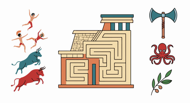 Stylized Minoan maze with bull-leapers, bulls, axe, octopus, and olive branch