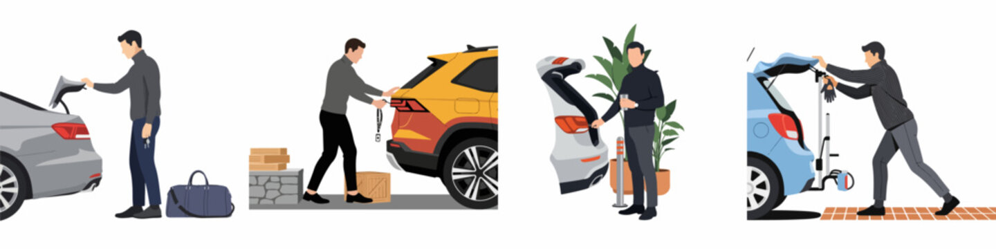 Flat illustration set of men using car trunks for various purposes like loading luggage, boxes, and installing bike racks on different vehicle types.