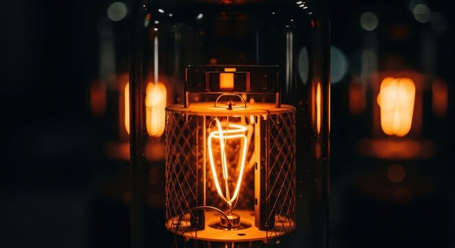 Vintage Vacuum Tube with Glowing Orange Filament Close-up Macro Shot for Industrial and Te