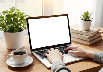 Fototapeta premium Laptop with a blank screen on wooden desk