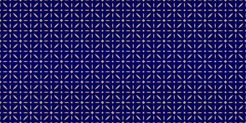 Fototapeta premium Luxury vector seamless background. Abstract geometric floral pattern with small diamonds, flower silhouettes, leaves, lattice. Simple gold and dark blue ornament in oriental style. Elegant design
