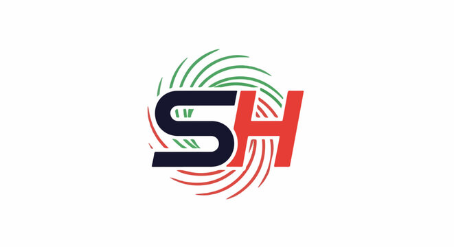 Stylized letters S and H enclosed within swirling green and red lines